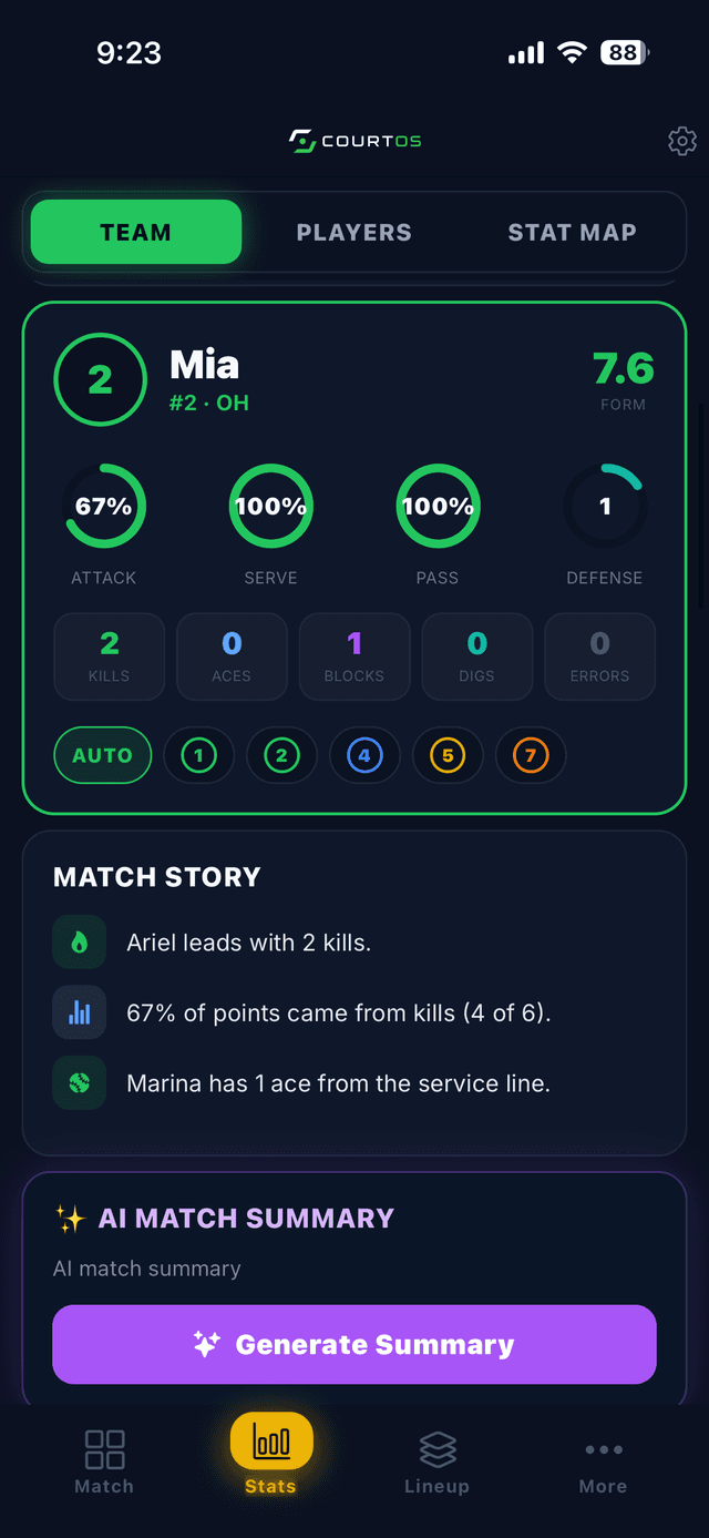 CourtOS app — live match, heat map and player stats